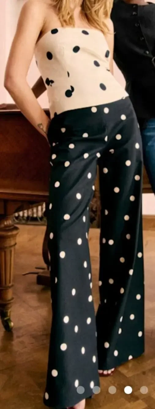 Sézane Tymo Linen Wide Leg Polka Dot Pants Black Ecru Size 36 US 4 NWT
